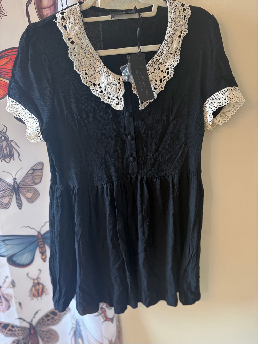 Dolls Kill Black Short-Sleeve Tunic with White Lace Collar